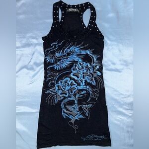 -Rare Y2K Ed Hardy Metallic Dragon Tattoo Grommet Fringe Razorback Shirtdress XS